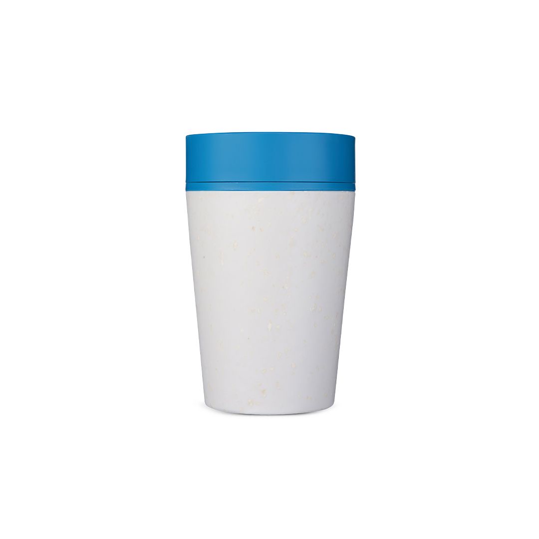white reusable cup with blue lid