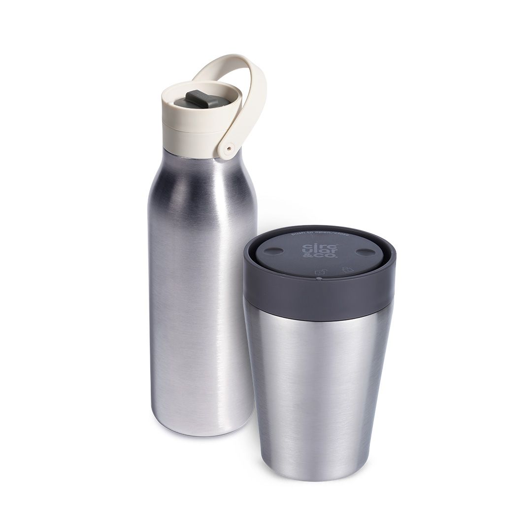 8oz Stainless Steel Travel Mug with storm grey lid and 500ml Reusable Water Bottle with pebble white lid Bundle