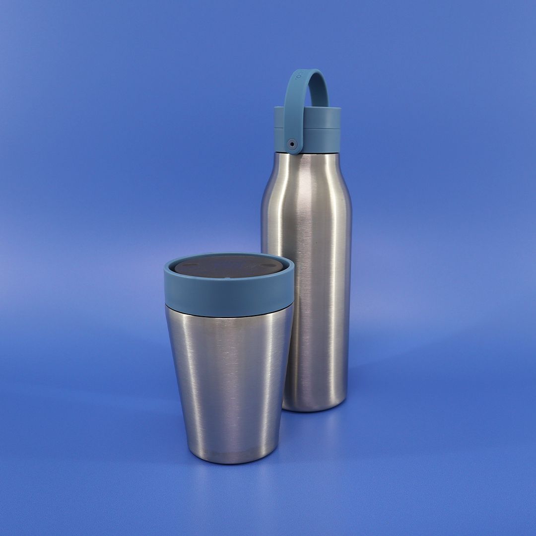 8oz Stainless Steel reusable Travel Mug with rockpool blue lid and 500ml stainless steel Reusable Water Bottle with rockpool blue lid Bundle